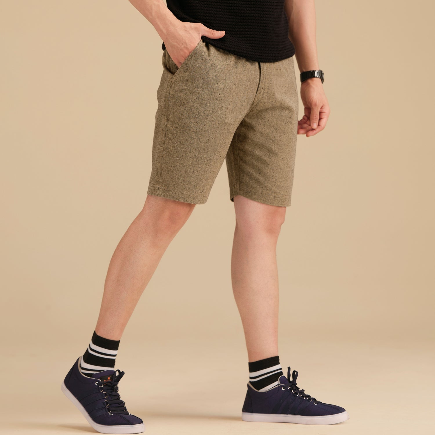 Marra Roya earth brown black textured cotton relaxed fit summer shorts for men