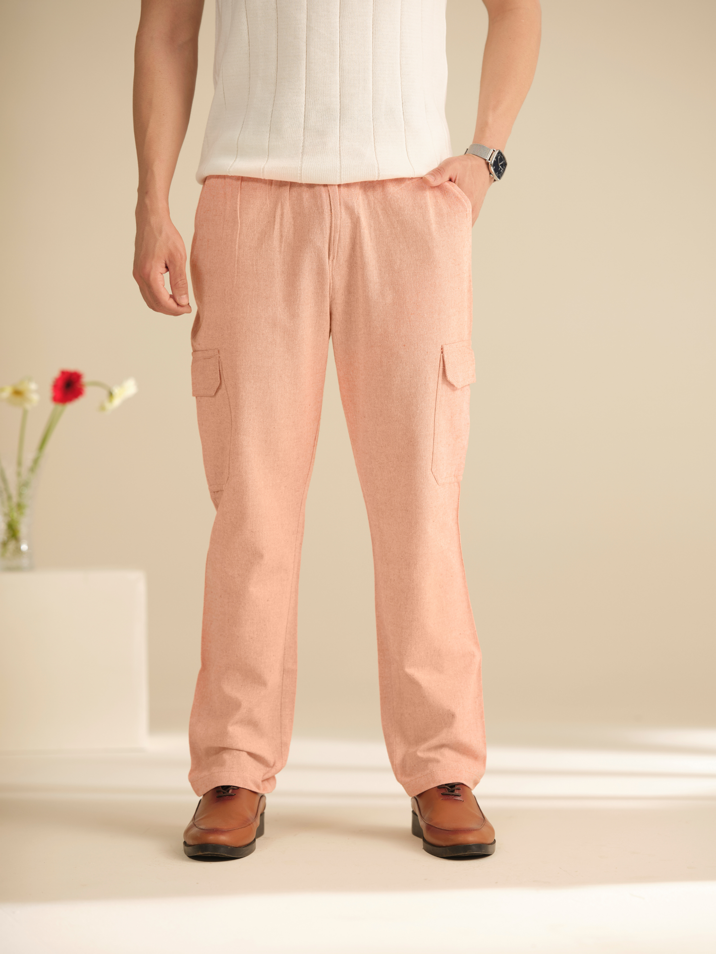 Men’s Cotton Linen Textured Relaxed Fit Cargo Pants