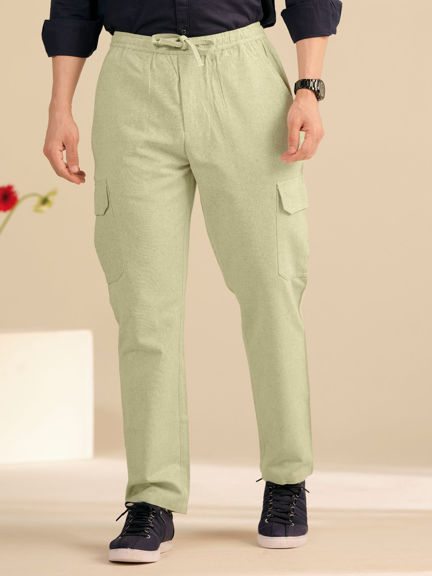 Men’s Cotton Linen Textured Cargo Pants – Relaxed Fit Casual Trousers