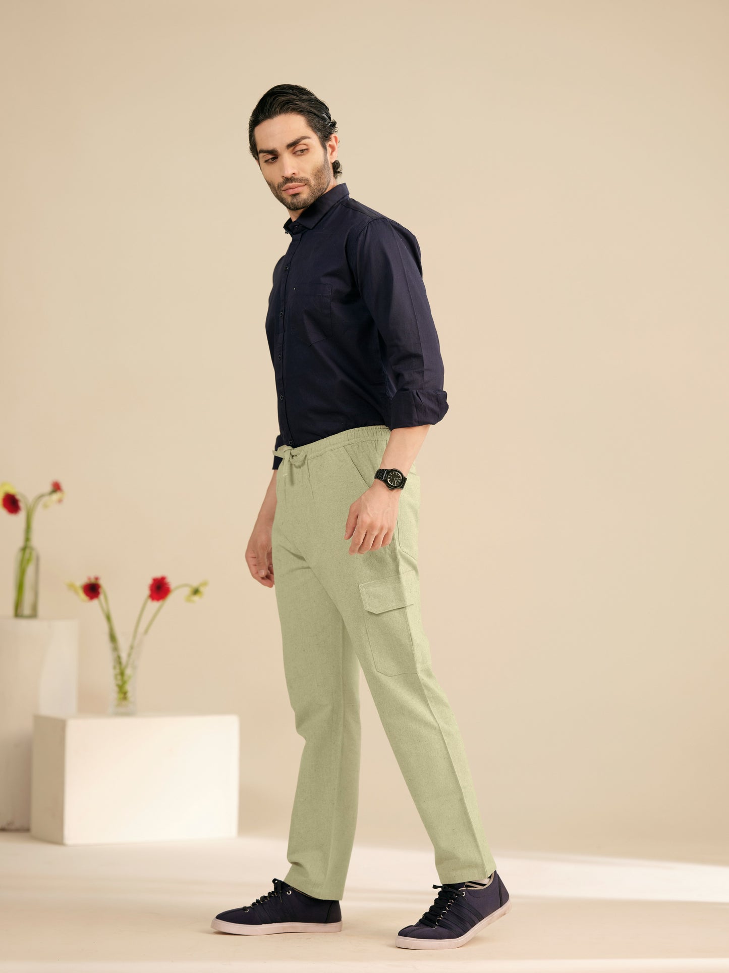 Men’s Cotton Linen Textured Cargo Pants – Relaxed Fit Casual Trousers
