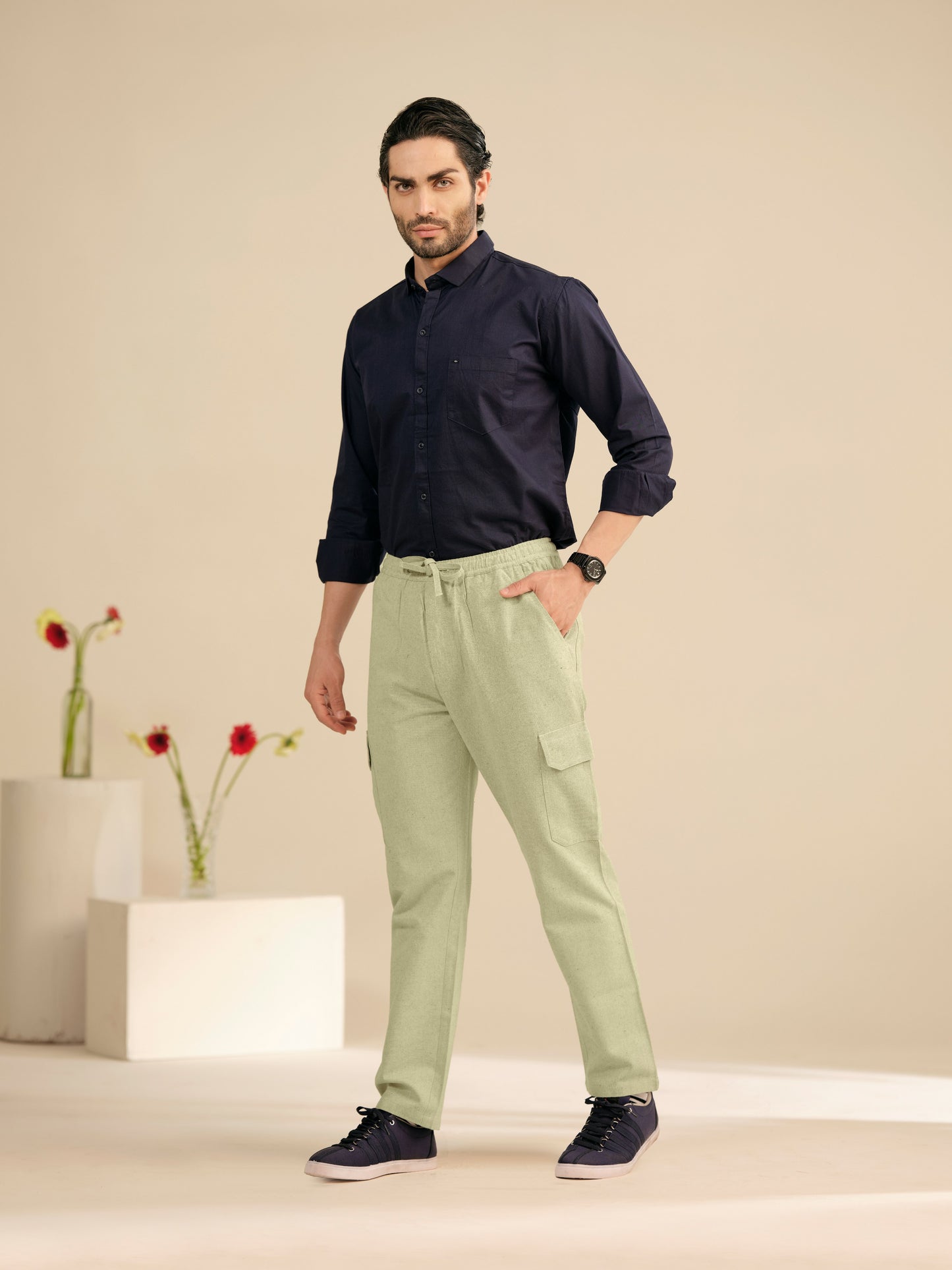 Men’s Cotton Linen Textured Cargo Pants – Relaxed Fit Casual Trousers