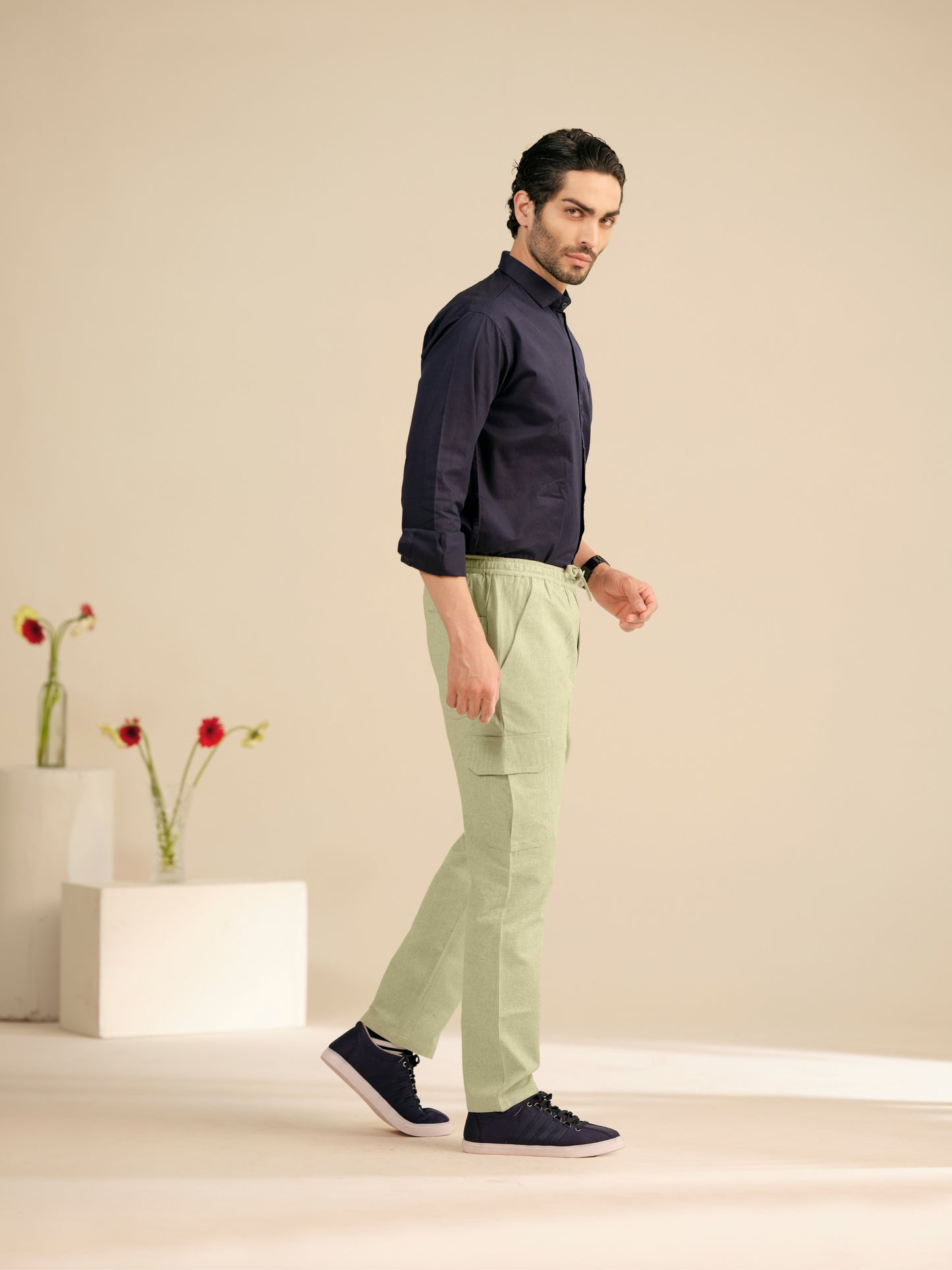 Men’s Cotton Linen Textured Cargo Pants – Relaxed Fit Casual Trousers