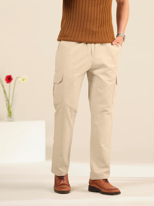Men’s Cargo Cotton Trousers – Linen Textured Relaxed Fit Casual Pants