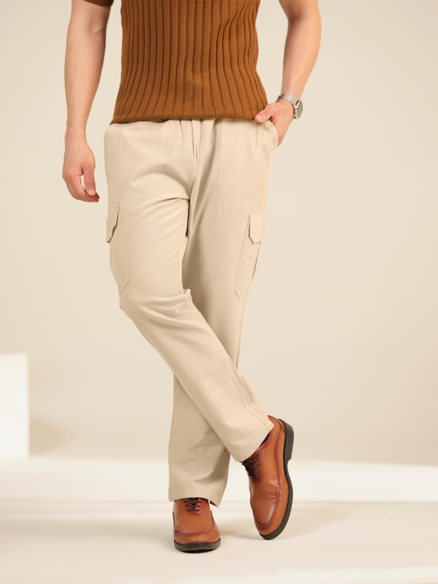 Men’s Cargo Cotton Trousers – Linen Textured Relaxed Fit Casual Pants